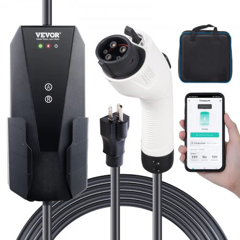 VEVOR Level 1+2 Portable EV Charger, 16 Amp 120V or 240V, Electric Vehicle Charger with 28-Foot Charging Cable NEMA 6-20P Plug NEMA 5-15 Adapter, Plug-In Home EV Charging Station for SAE J1772 Evs
