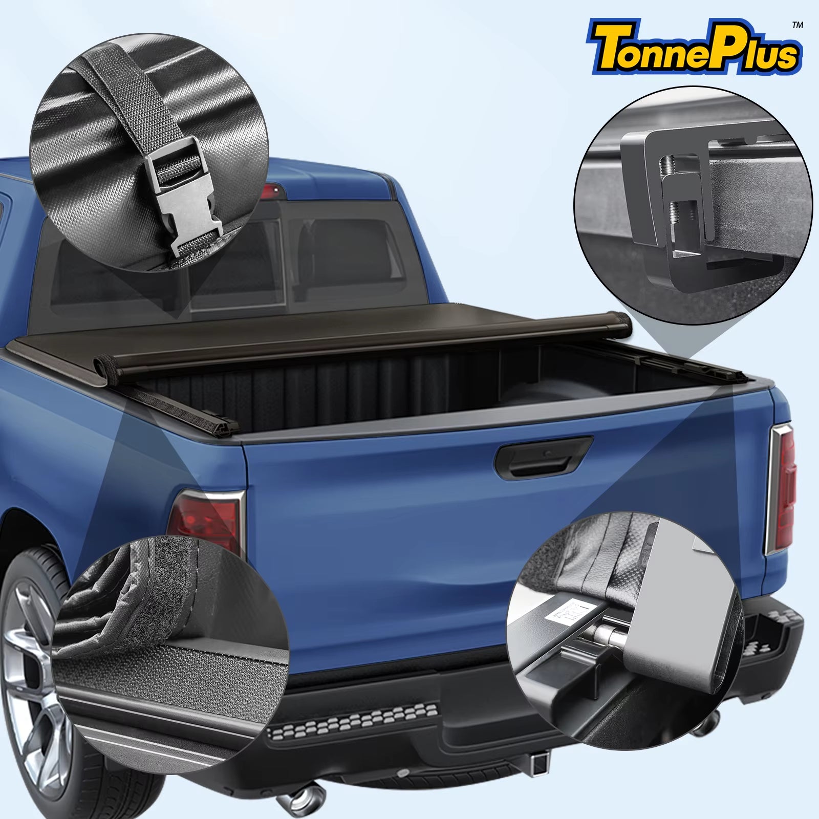 Tonneplus Soft Roll-Up Tonneau Cover Truck Bed Covers for 2015-2023 F150 6.5FT Bed W/ Lamp Vinyl ; Lightning | 6.5' (78.9") Bed
