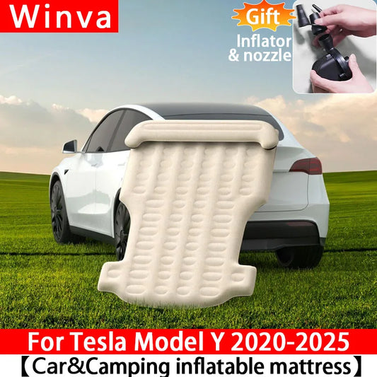 For Tesla Model Y 2020-2025 Car Air Bed Portable Rear Folding Inflatable Mattress for Camping with Flocking Surface and Air Pump
