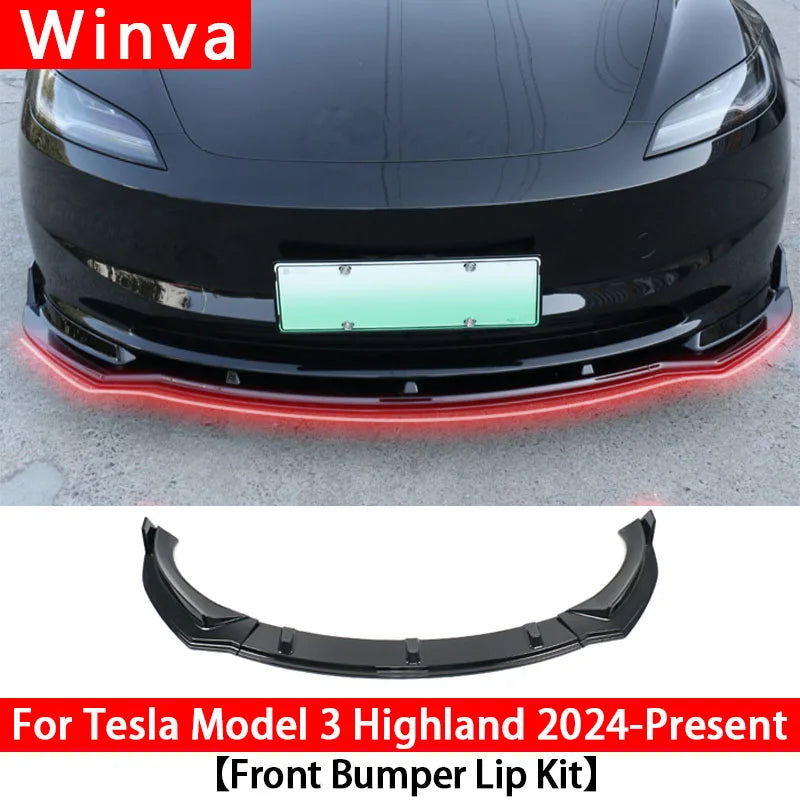 For Tesla Model 3 Highland 2024 2025Black Front Bumper Lip Chin Diffuser Body Kit Spoiler Deflector Tuning Accessories Modified