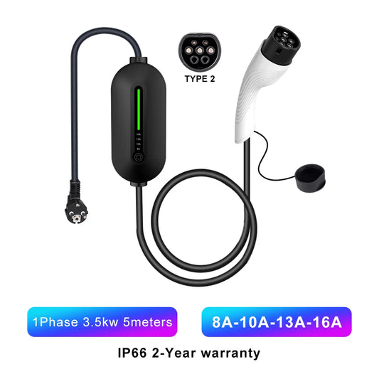 Portable 16A Type2 EV Charger IEC62196-2 Socket 5M Cable Current Adjustable Wallbox for Electric Car Charging Accessories