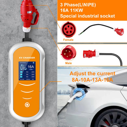EV Charger 16A 11KW Type 2 IEC-62169 CEE Plug Adjust Current Timer EVSE Charging for Hybrid Eletric Vehicle Cars ﻿