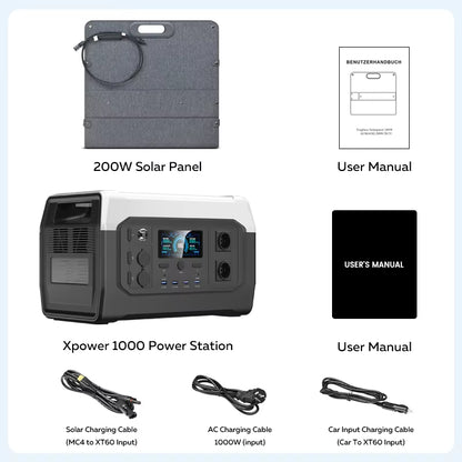 XP1000 Powerbank 1800W Portable Power Station, 1024Wh Lifepo4 Battery, 200W Solar Panel for Camping Solar Generator