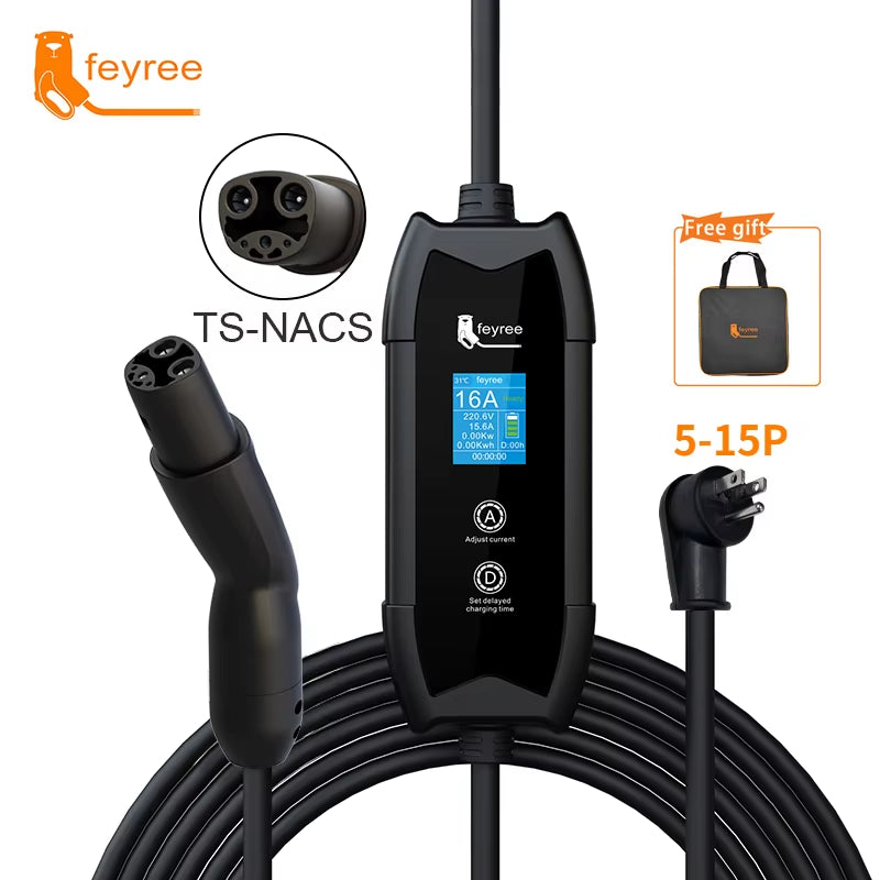 EV Charger Portable 3.5Kw TS-NACS Charger Plug 1.8" LCD Screen with Set Delay Schedule Charging Station for Tesla Cars