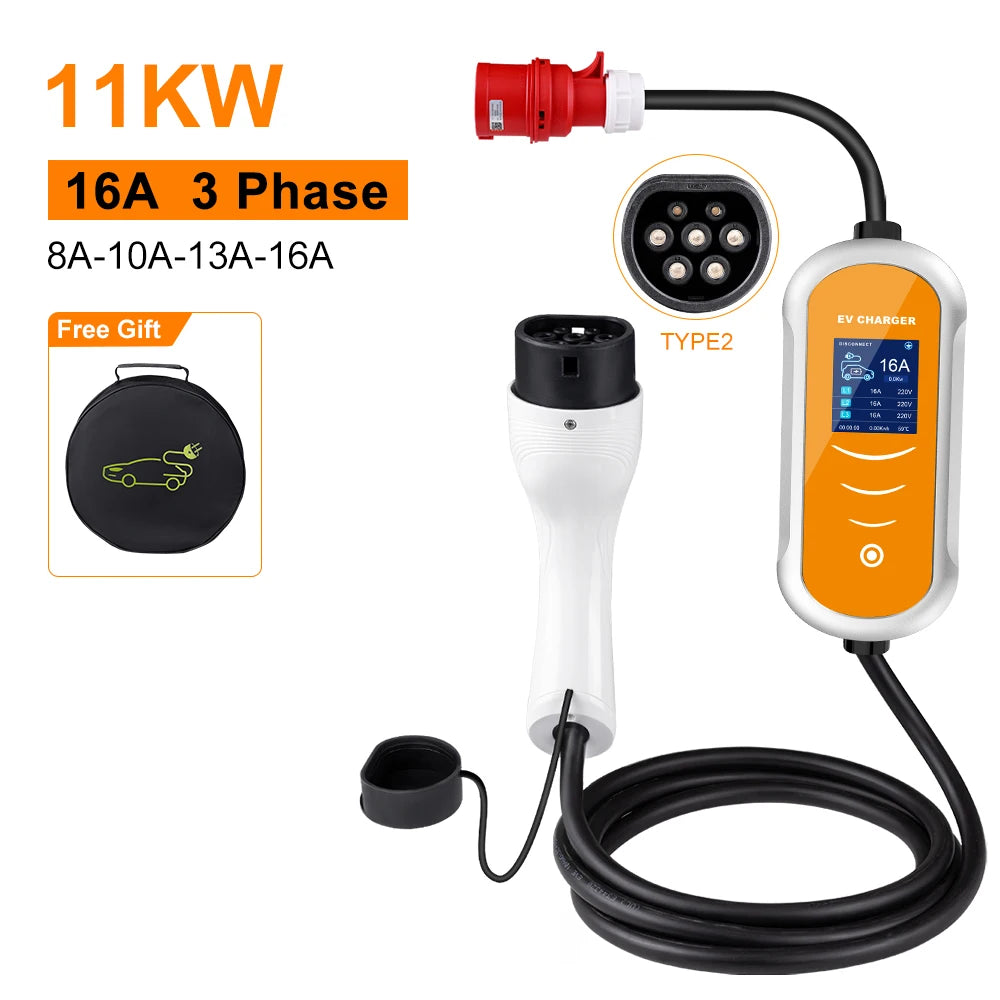 EV Charger 16A 11KW Type 2 IEC-62169 CEE Plug Adjust Current Timer EVSE Charging for Hybrid Eletric Vehicle Cars ﻿