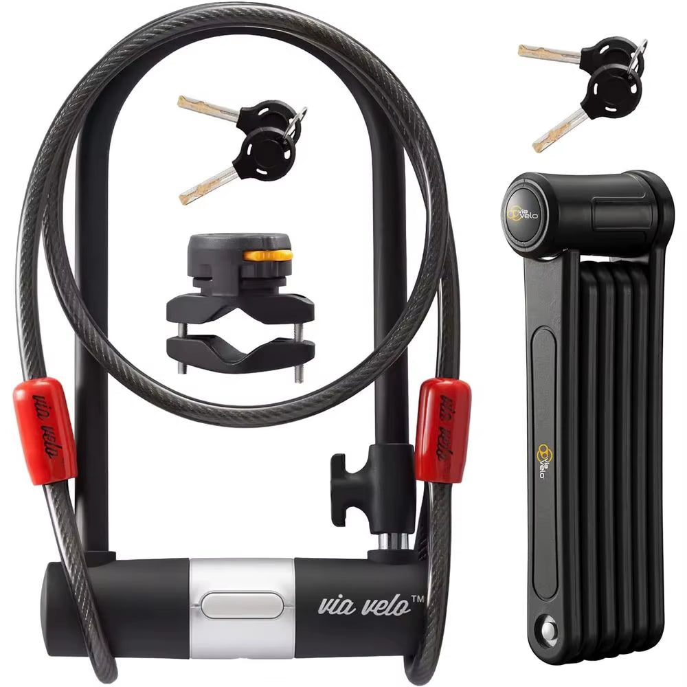 Electric Bike Bike Lock Set, 4 Keyed Alike Keys, Heavy-Duty Hard Steel, 33.5 Folding Lock, 11 Bicycle Ulock, 6' Cable for Electr