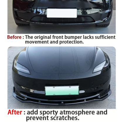 For Tesla Model 3 Highland 2024 2025Black Front Bumper Lip Chin Diffuser Body Kit Spoiler Deflector Tuning Accessories Modified
