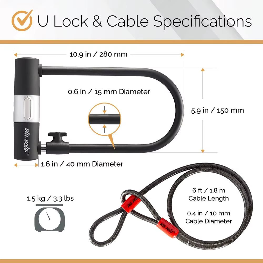 Electric Bike Bike Lock Set, 4 Keyed Alike Keys, Heavy-Duty Hard Steel, 33.5 Folding Lock, 11 Bicycle Ulock, 6' Cable for Electr