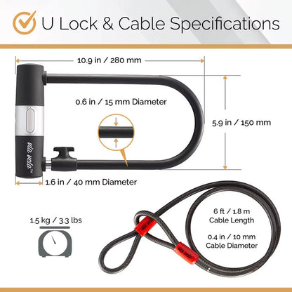 Electric Bike Bike Lock Set, 4 Keyed Alike Keys, Heavy-Duty Hard Steel, 33.5 Folding Lock, 11 Bicycle Ulock, 6' Cable for Electr